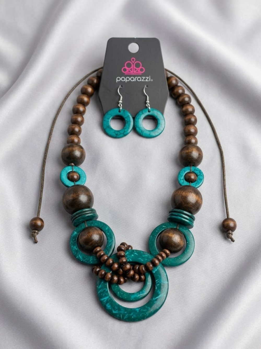 paparazzi Teal and Brown Wooden Statement Necklace with Matching Earrings